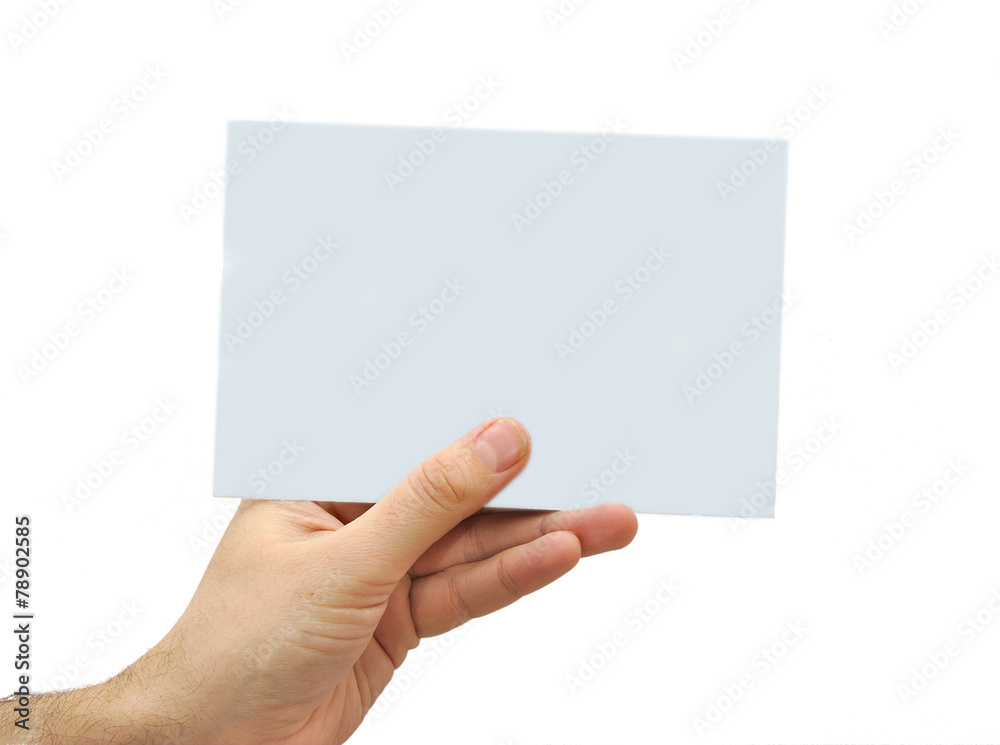 Hand holding a blank paper isolated on white background