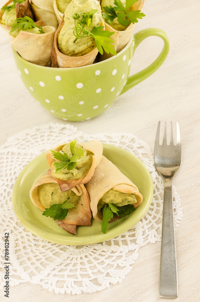 Savory cannoli stuffed with ricotta, peas and parsley. Savory cannoli stuffed with ricotta, peas and parsley.