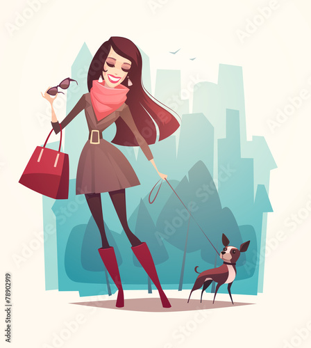 Pretty girl walking a dog. Vector illustration