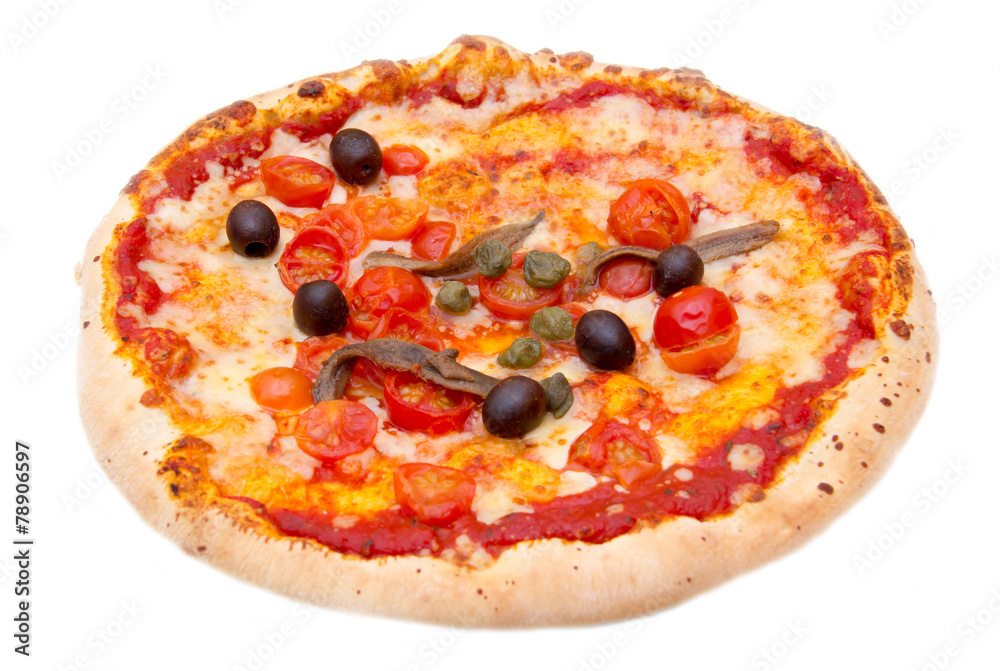Pizza with anchovies and olives on white background