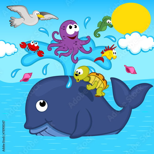 whale and marine animals - vector illustration, eps