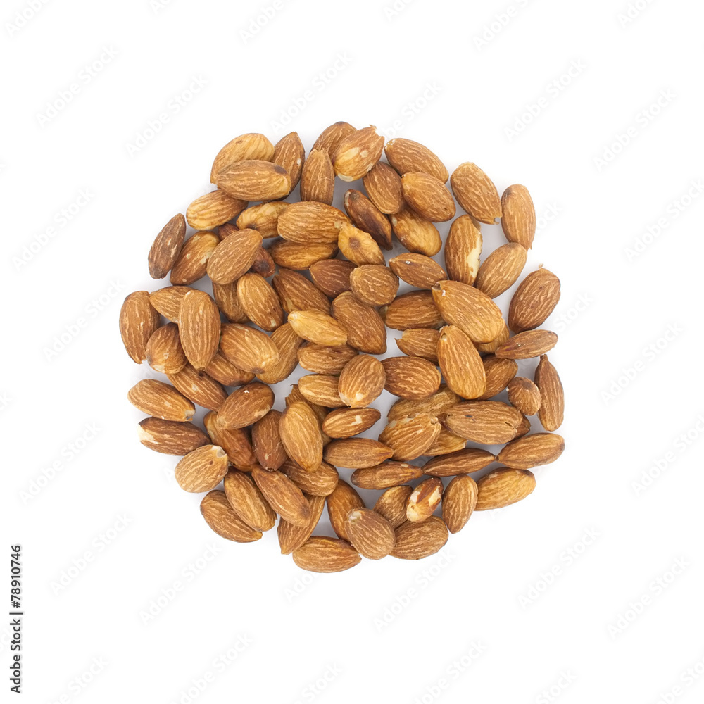 Pile of almonds isolated on white background. Top view. Pile of almonds isolated on white background. Top view.
