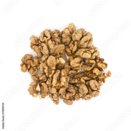 Pile of walnuts isolated on white background. Top view.