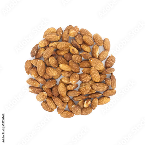 Pile of almonds isolated on white background. Top view.