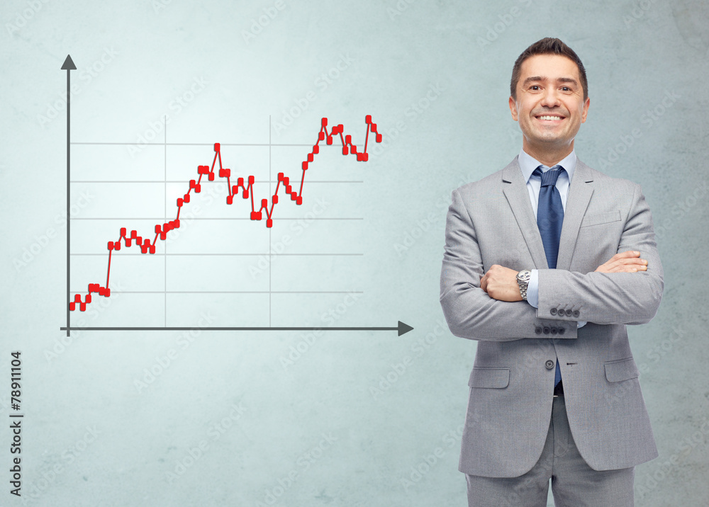 happy smiling businessman in suit with forex chart happy smiling businessman in suit with forex chart