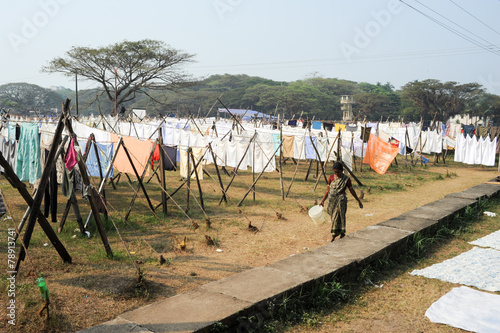 Lady spreading linen to dry at a Laundry of Fort Cochin