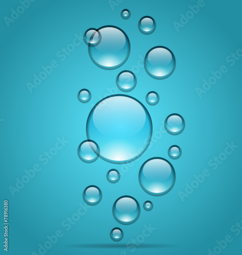 Transparent water droplets on blue background
