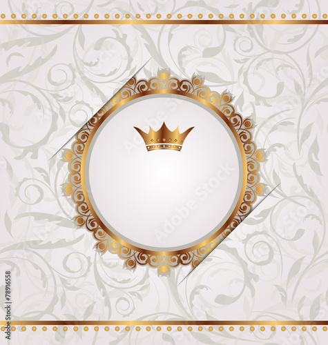 Golden vintage with heraldic crown, seamless floral texture