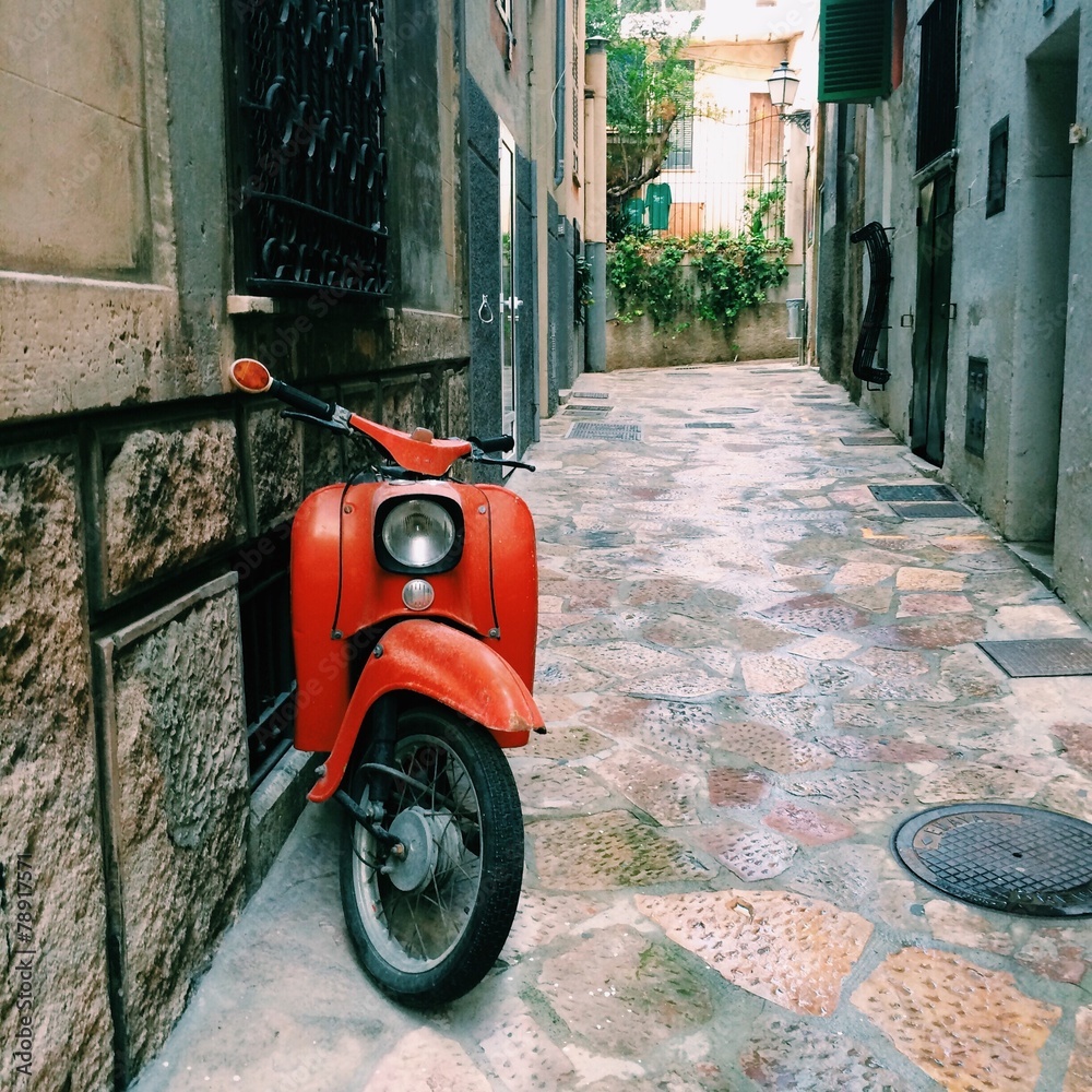 red moped, vintage style
