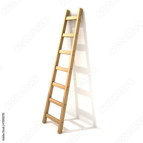 Wooden ladder, near white wall. 3D render illustration isolated