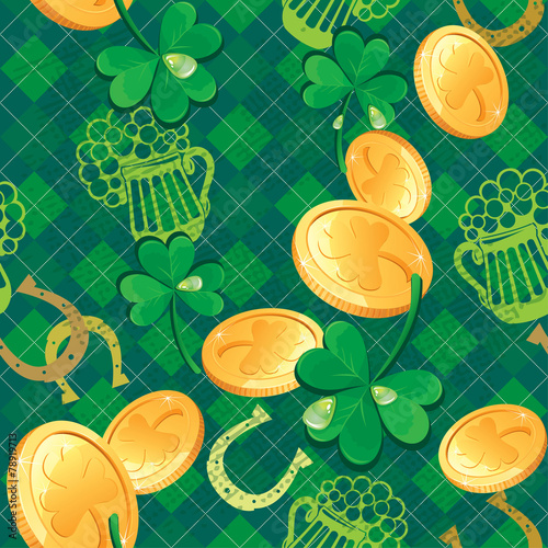 Seamless Saint Patrick day pattern. Shamrock and golden coins on