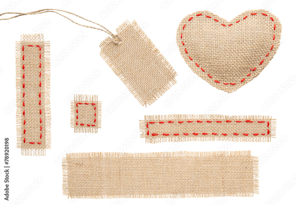 Sackcloth Heart Shape Patch Tag Label Object with Stitches Seam, - obrazy, fototapety, plakaty 