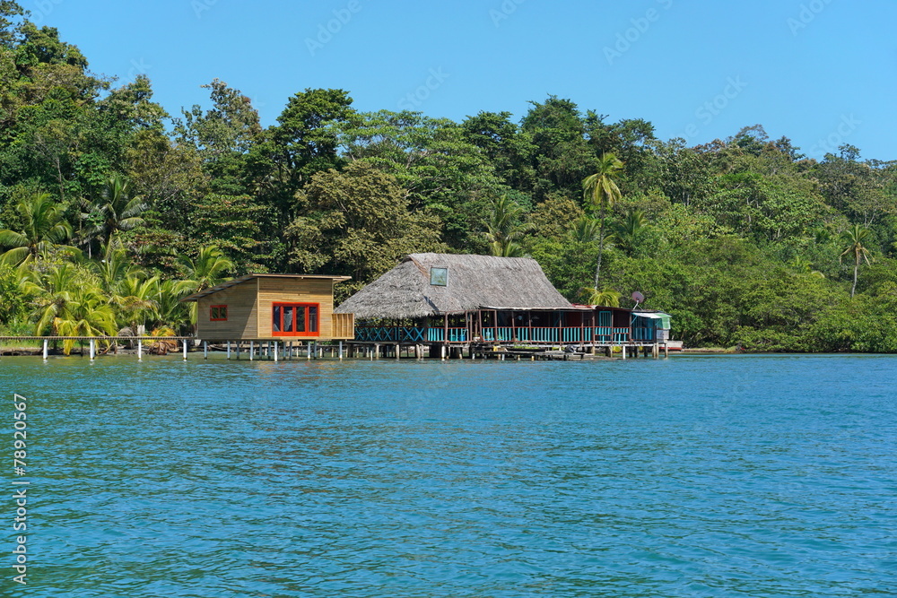 Tropical restaurant and cabin over water in Panama Tropical restaurant and cabin over water in Panama