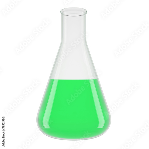 Chemical laboratory transparent flasks with green liquid