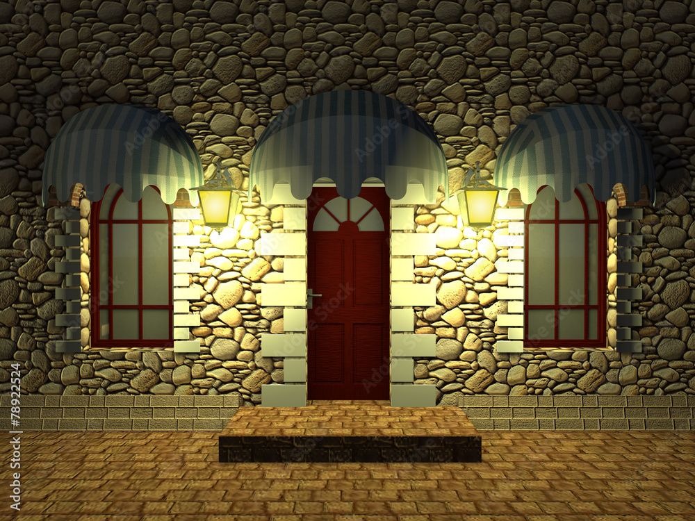 Fototapeta premium Front door of an old building and the windows under canopies of