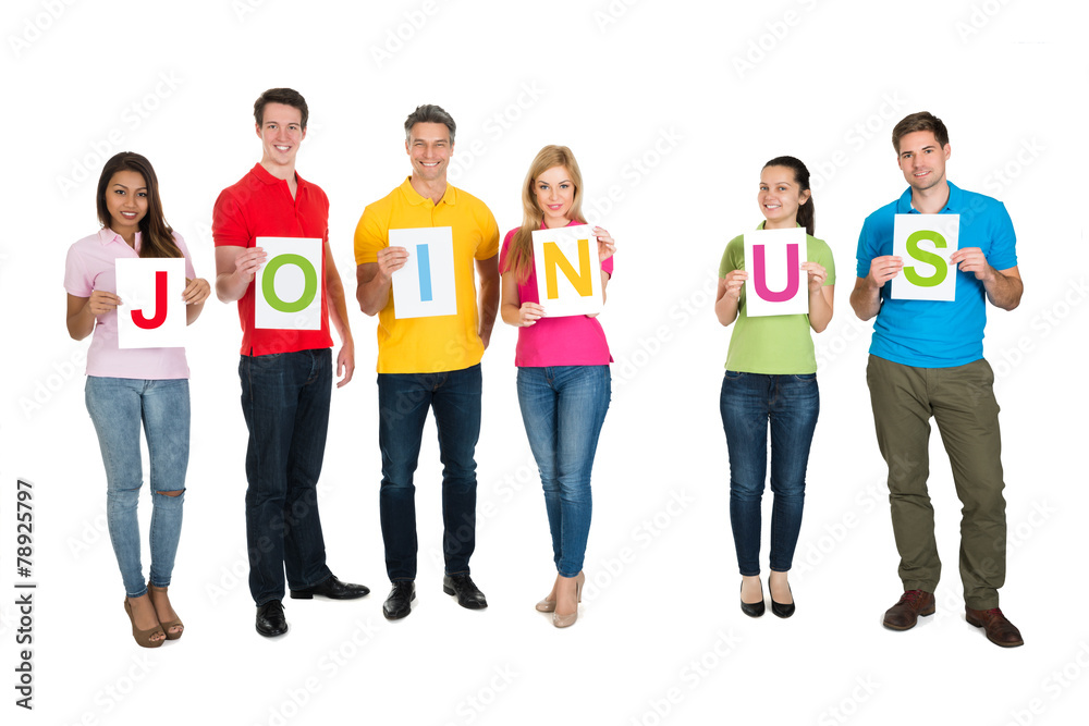 Multiethnic Group Of People Making Word Join Us Multiethnic Group Of People Making Word Join Us