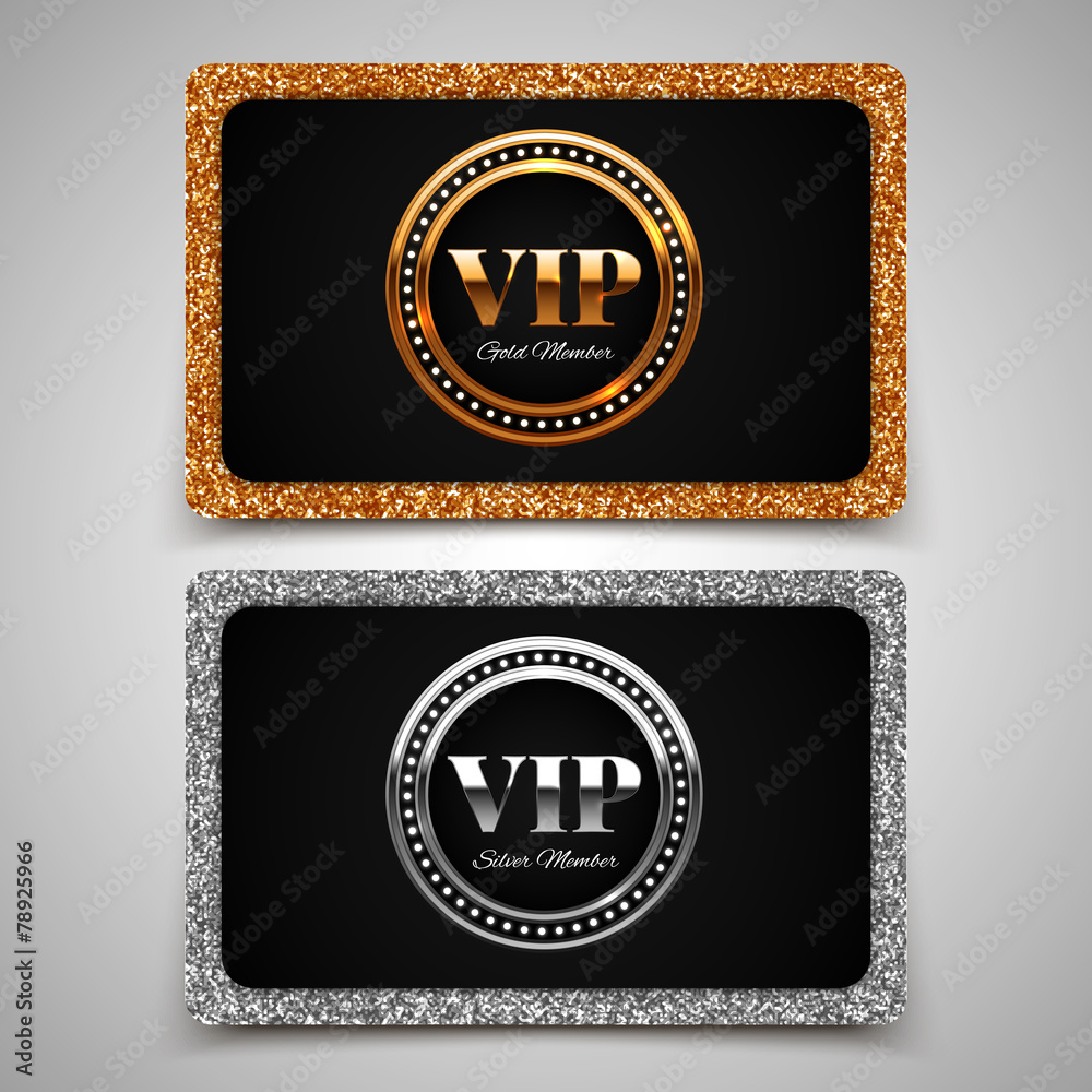 Gold and silver VIP premium member cards with glitter