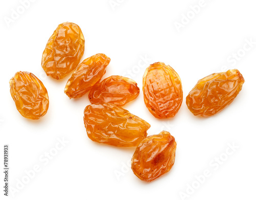 Yellow sultanas raisins isolated on white background cutout photo