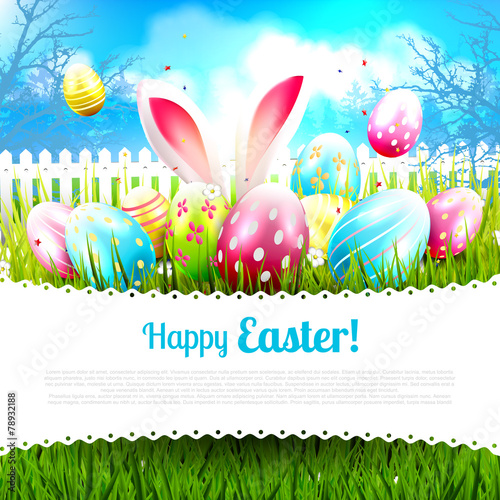 Sweet Easter greeting card with colorful eggs in the grass