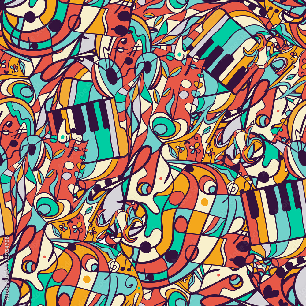 Vector seamless musical pattern, hand drawn, doodles.