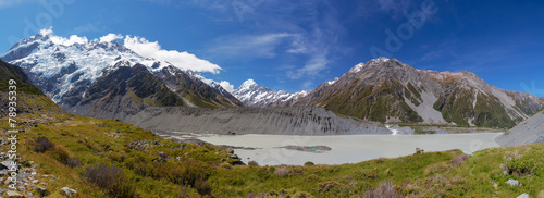 Hooker Glacial Lake panorama with Mount Cook in the distance