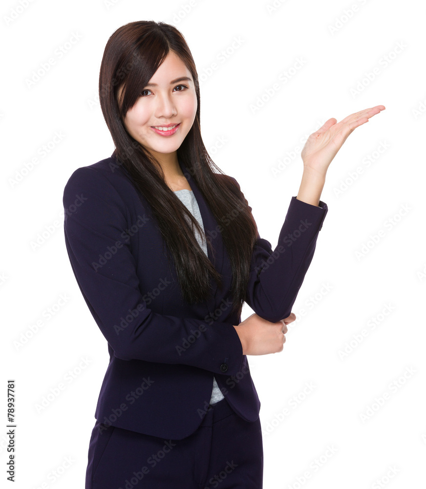 Businesswoman with hand show with something Businesswoman with hand show with something