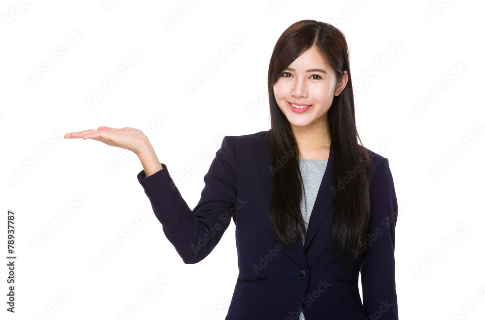 Asian businesswoman with open hand palm Asian businesswoman with open hand palm