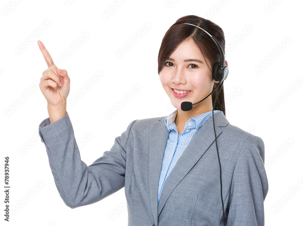 Customer services operator and finger point up Customer services operator and finger point up