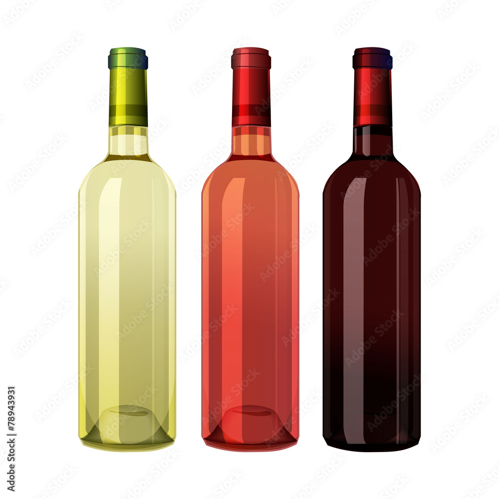 Set of white, rose, and red wine bottles