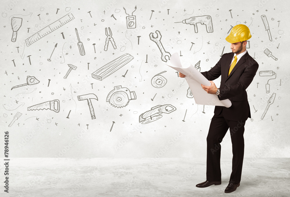 Construction worker planing with hand drawn tool icons Construction worker planing with hand drawn tool icons