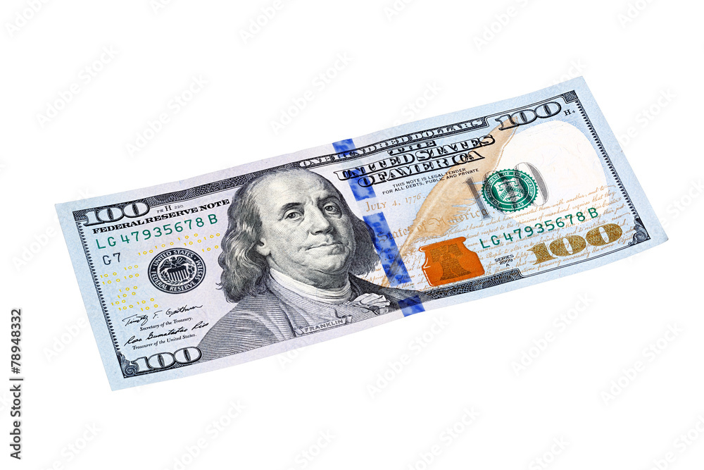 One hundred dollar bill close-up isolated on white. Stacked shot One hundred dollar bill close-up isolated on white. Stacked shot