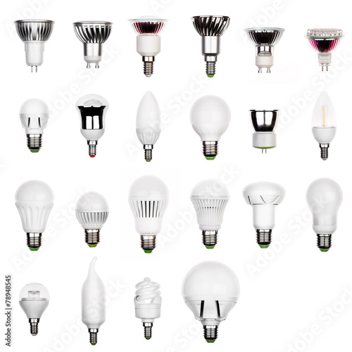 Set of LED bulbs (lamps) with different sockets isolated. photo