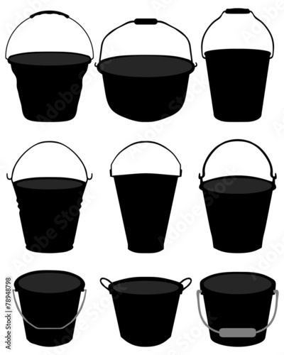 Black silhouettes of garden buckets, vector