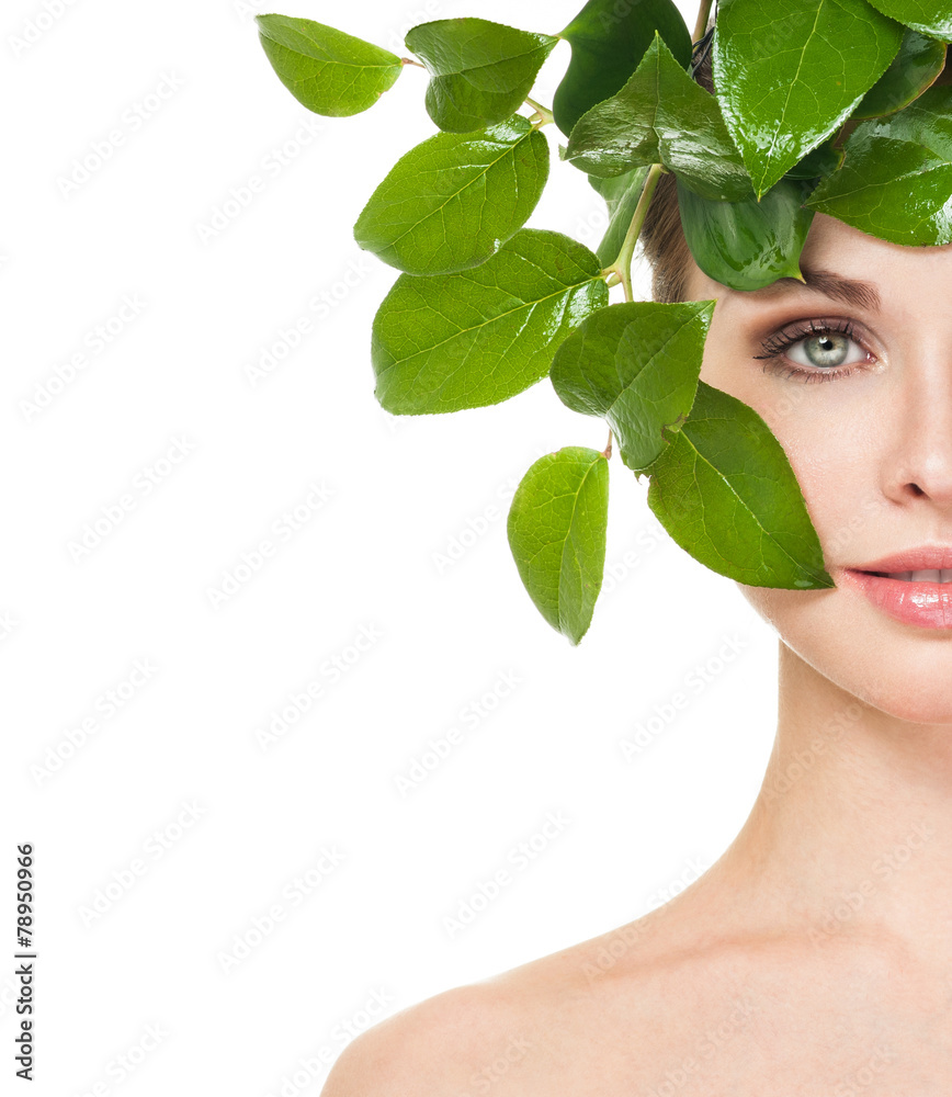 Beauty Spring or Woman with Fresh green leaves hair. Summer Natu Beauty Spring or Woman with Fresh green leaves hair. Summer Natu