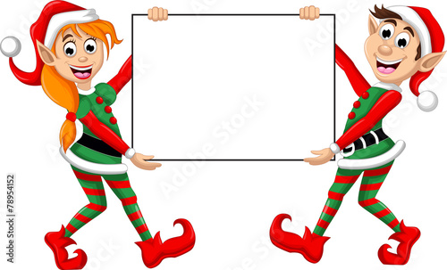 Cute two Christmas elf holding a blank sign