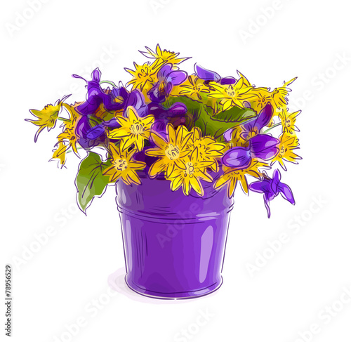 Small bouquet with meadow flowers in a bucket.