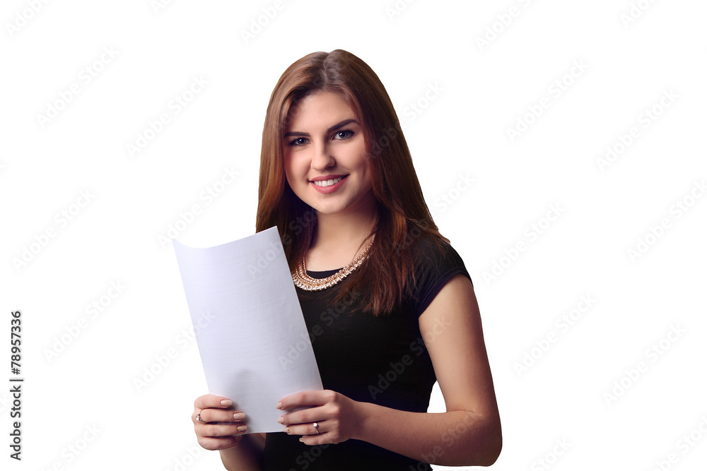 woman hold white banner . isolated portrait . woman hold white banner . isolated portrait .