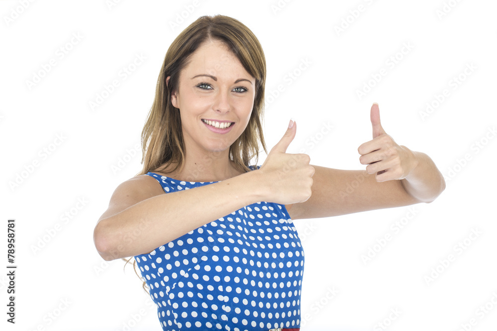 Young Woman Wearing Blue Polka Dot Dress Thumbs Up Young Woman Wearing Blue Polka Dot Dress Thumbs Up
