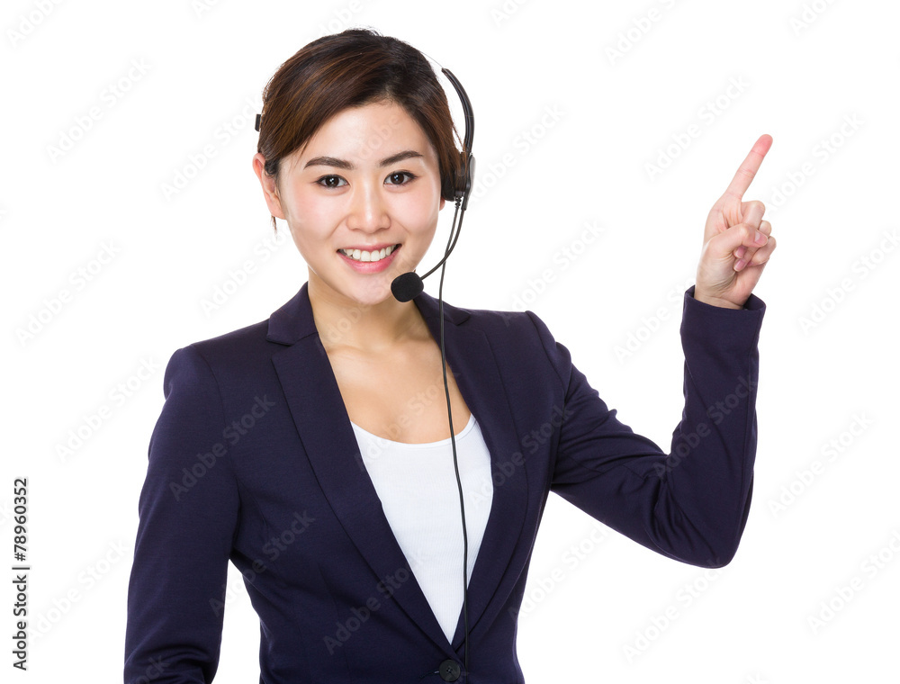 Call centre agent with finger point upwards Call centre agent with finger point upwards