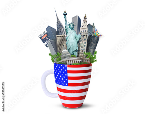 USA, landmarks of the USA in the Cup with the American flag