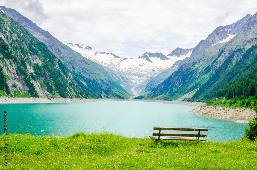 Beautiful view of the lake Schlegeis and desk, Austria Beautiful view of the lake Schlegeis and desk, Austria