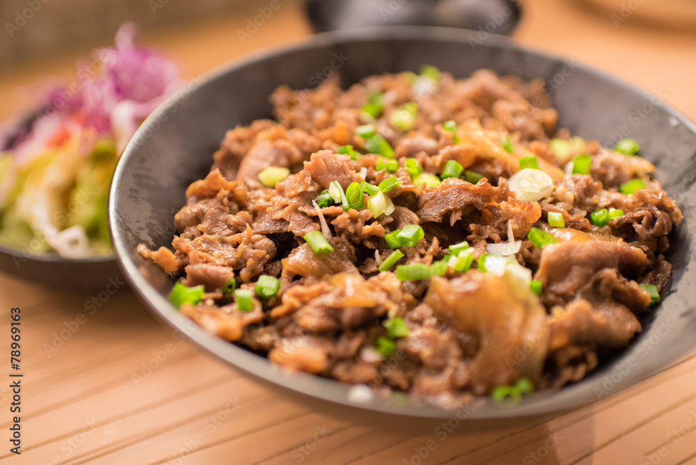 Set of gyudon : japanese food with beef and rice