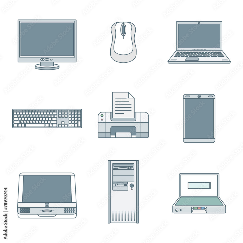 colored outline computer gadgets icons. colored outline computer gadgets icons.