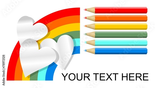 Advertising poster with pencil, rainbow colors and paper hearts