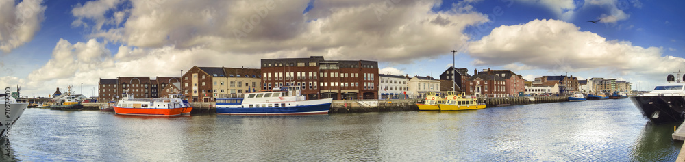 Poole Quay panoramic with harbour boats