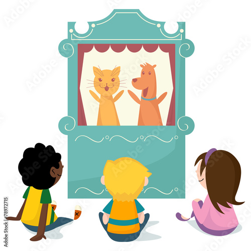 Children watching puppet show, vector illustration
