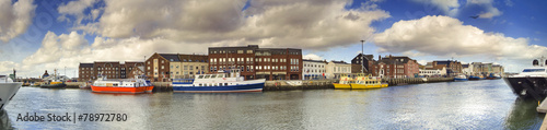Poole Quay panoramic with harbour boats