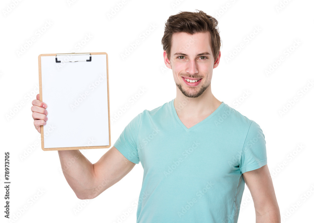 Caucasian man show with clipboard Caucasian man show with clipboard