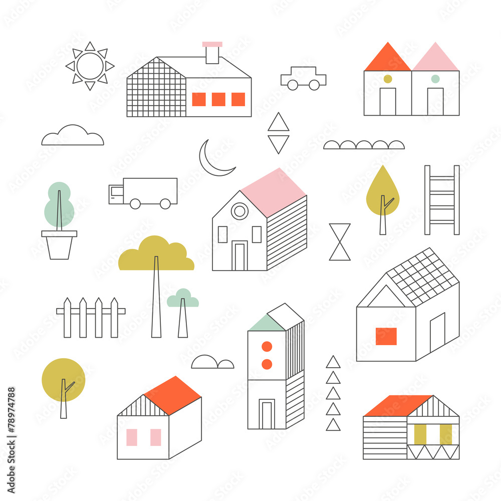 Ecology concept element for design. Thin line icons for houses,