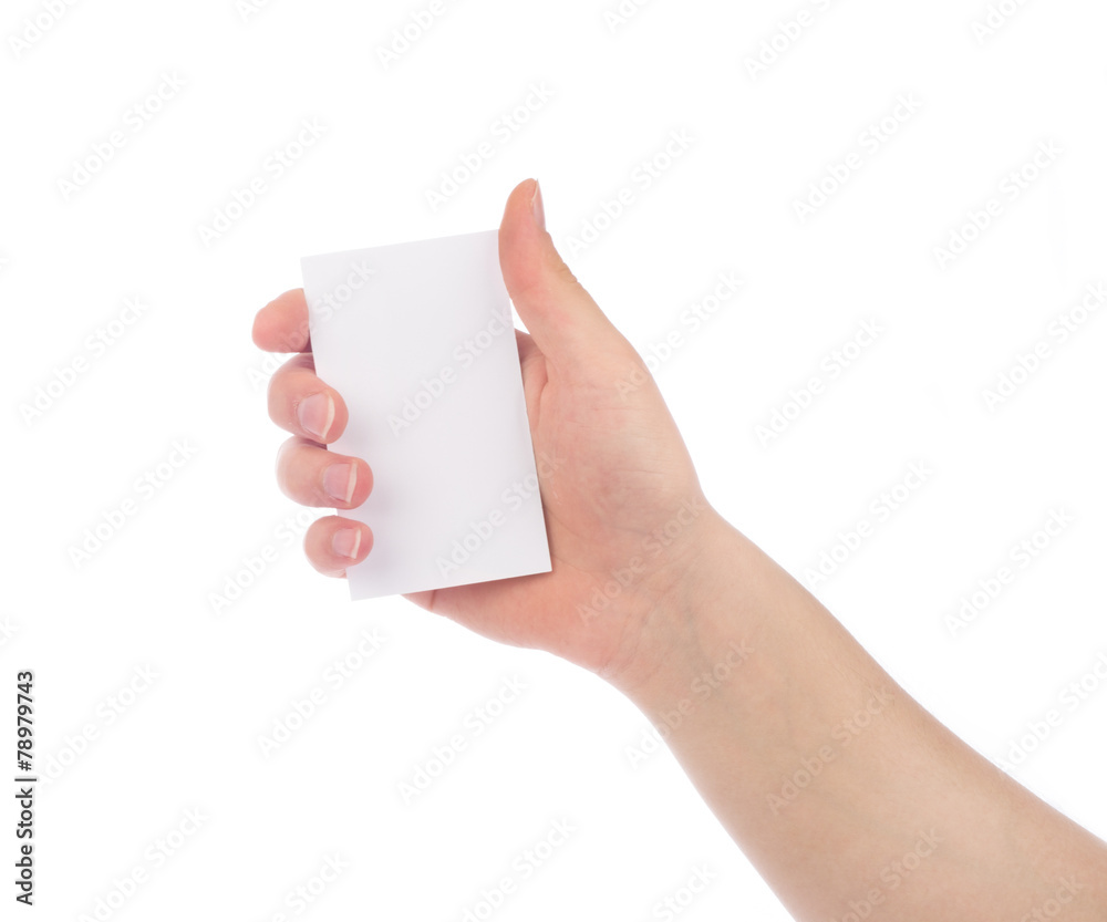 Woman hand hold business card, credit card or blank paper isolat Woman hand hold business card, credit card or blank paper isolat